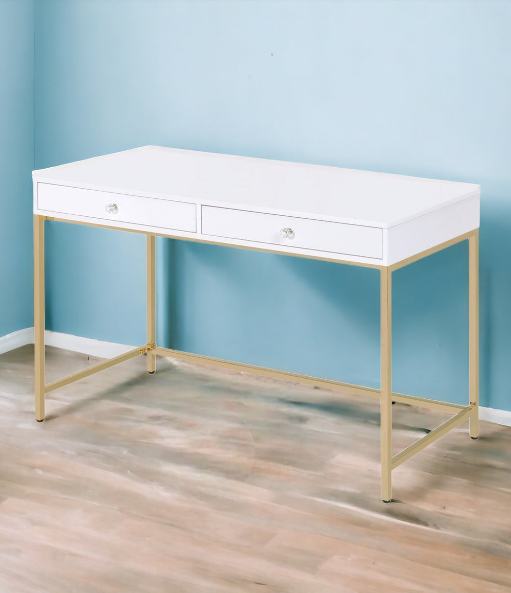 Homeroots 47" White And Gold Computer Desk With Two Drawers   347510