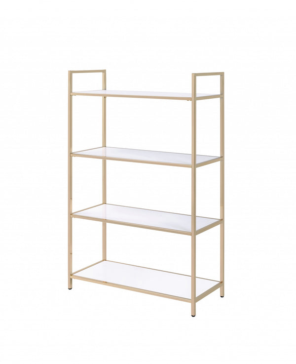Homeroots 16" X 37" X 60" White High Gloss Gold Metal Wood Bookshelf   347511