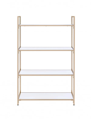 Homeroots 16" X 37" X 60" White High Gloss Gold Metal Wood Bookshelf   347511