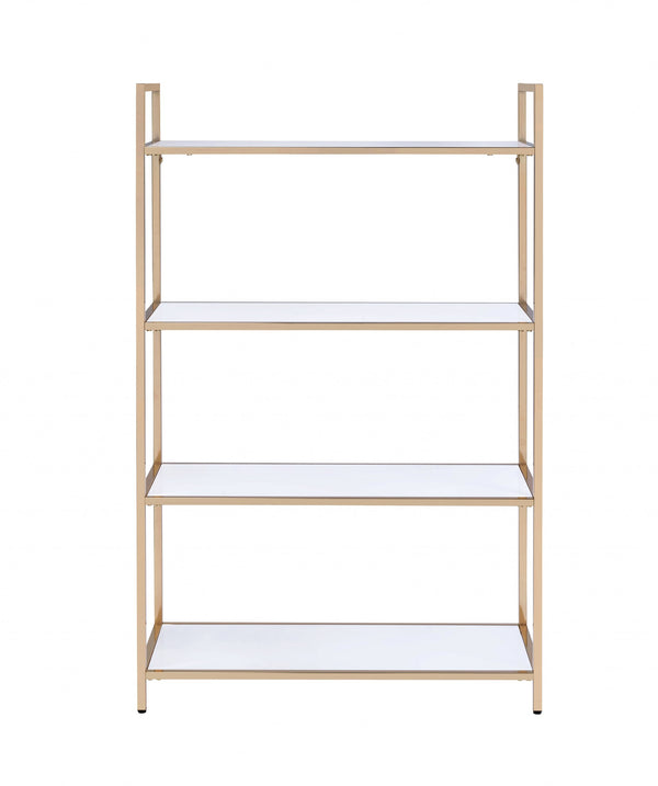 Homeroots 16" X 37" X 60" White High Gloss Gold Metal Wood Bookshelf   347511