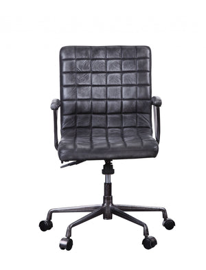 Homeroots 24" X 25" X 36" Vintage Black Top Grain Leather Aluminum Metal Upholstered (Seat) Casters Engineered Wood Executive Office Chair   347518