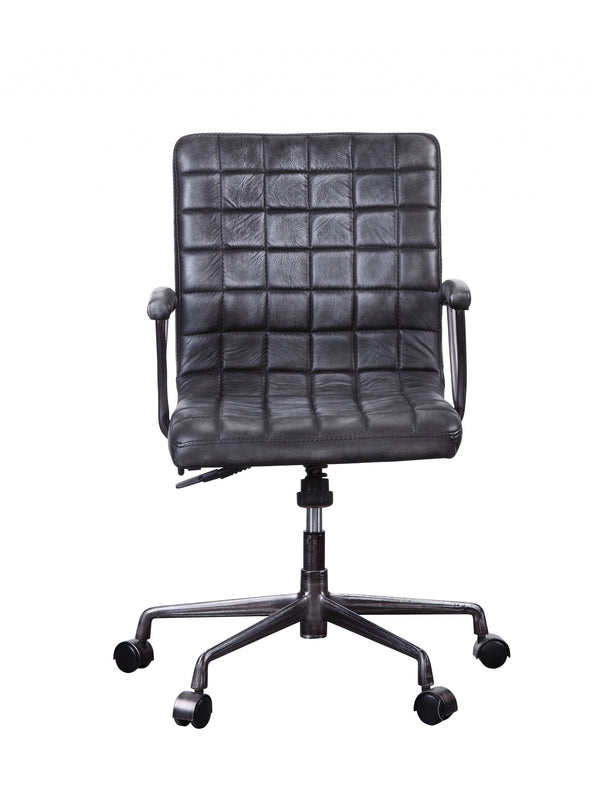 Homeroots 24" X 25" X 36" Vintage Black Top Grain Leather Aluminum Metal Upholstered (Seat) Casters Engineered Wood Executive Office Chair   347518