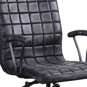 Homeroots 24" X 25" X 36" Vintage Black Top Grain Leather Aluminum Metal Upholstered (Seat) Casters Engineered Wood Executive Office Chair   347518