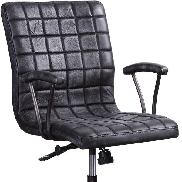 Homeroots 24" X 25" X 36" Vintage Black Top Grain Leather Aluminum Metal Upholstered (Seat) Casters Engineered Wood Executive Office Chair   347518