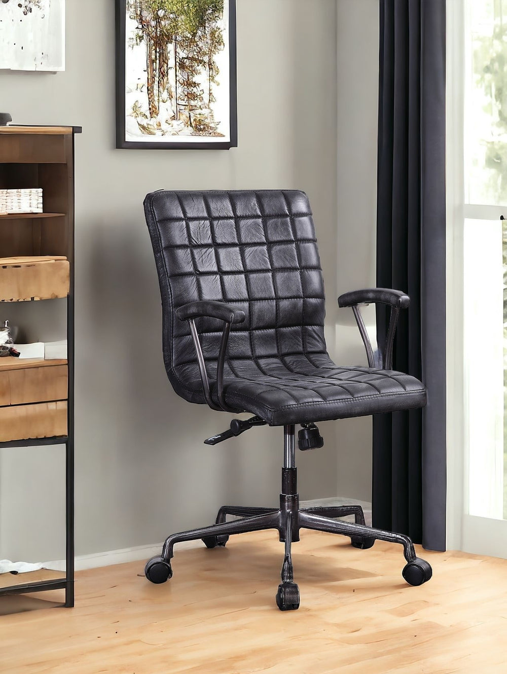 Homeroots 24" X 25" X 36" Vintage Black Top Grain Leather Aluminum Metal Upholstered (Seat) Casters Engineered Wood Executive Office Chair   347518