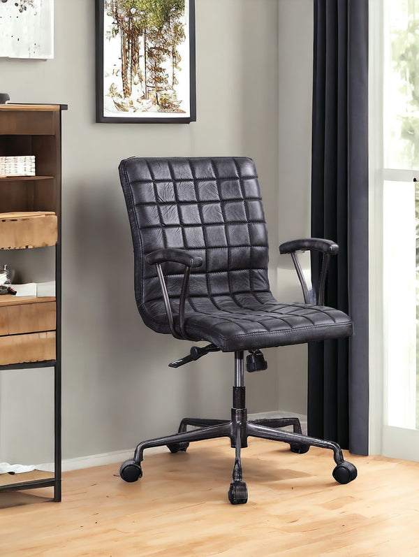 Homeroots 24" X 25" X 36" Vintage Black Top Grain Leather Aluminum Metal Upholstered (Seat) Casters Engineered Wood Executive Office Chair   347518