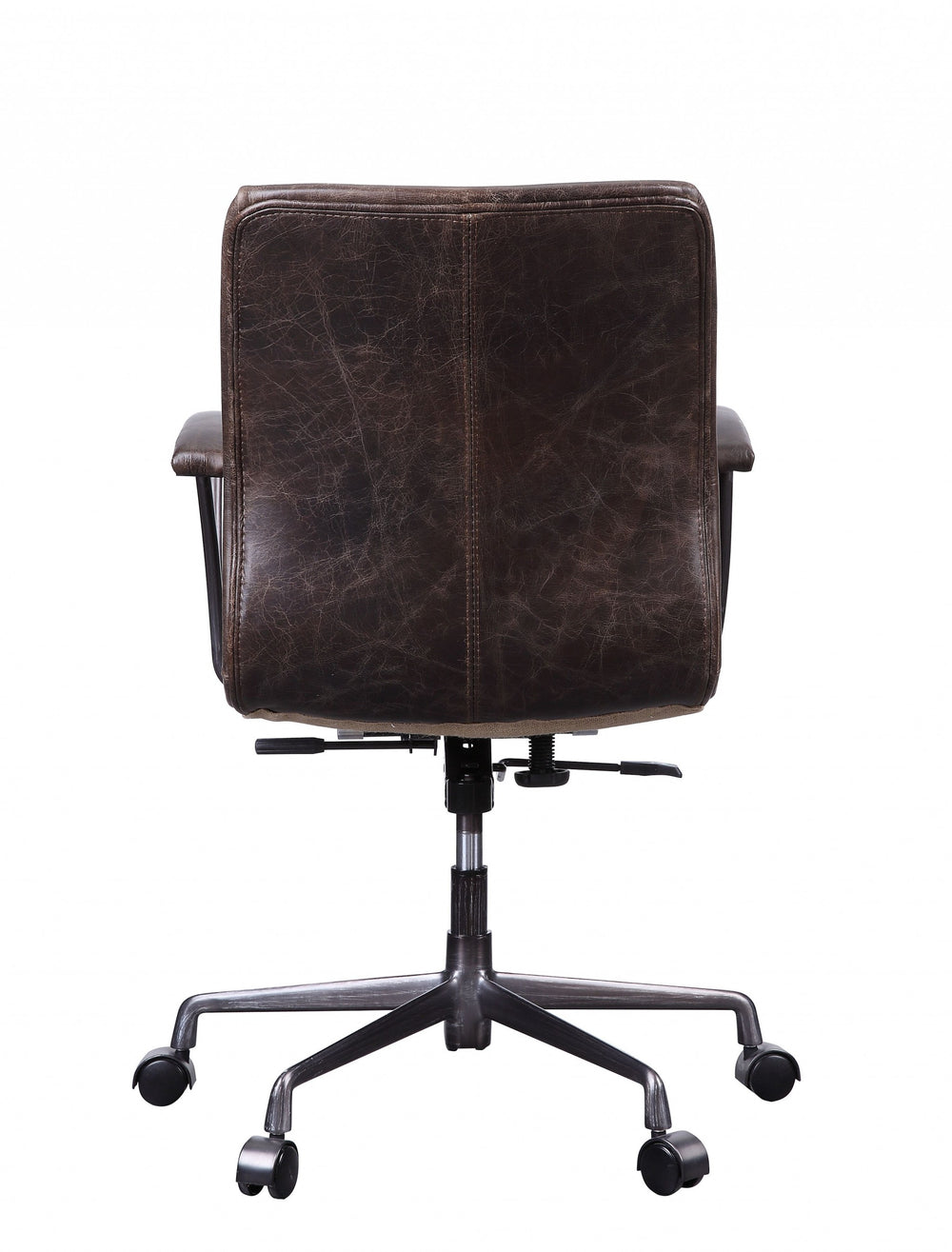 Homeroots 28" X 25" X 38" Distress Chocolate Top Grain Leather Metal Upholstered (Seat) Casters Engineered Wood Executive Office Chair   347519