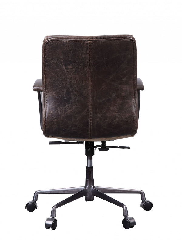 Homeroots 28" X 25" X 38" Distress Chocolate Top Grain Leather Metal Upholstered (Seat) Casters Engineered Wood Executive Office Chair   347519