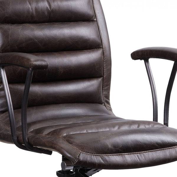 HomeRoots 28" Chocolate and Black Top-Grain Leather Swivel Arm Chair - Stylish Comfort for Any Space! 347519
