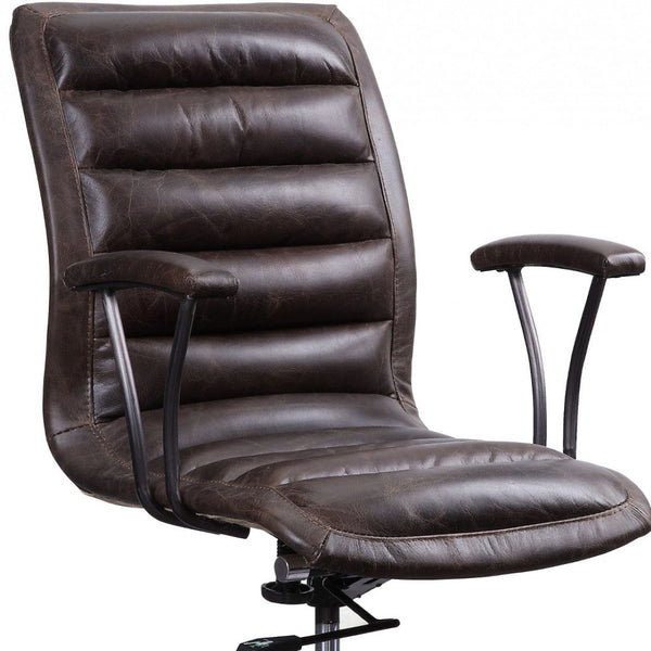 HomeRoots 28" Chocolate and Black Top-Grain Leather Swivel Arm Chair - Stylish Comfort for Any Space! 347519