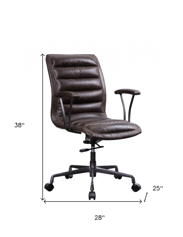 HomeRoots 28" Chocolate and Black Top-Grain Leather Swivel Arm Chair - Stylish Comfort for Any Space! 347519