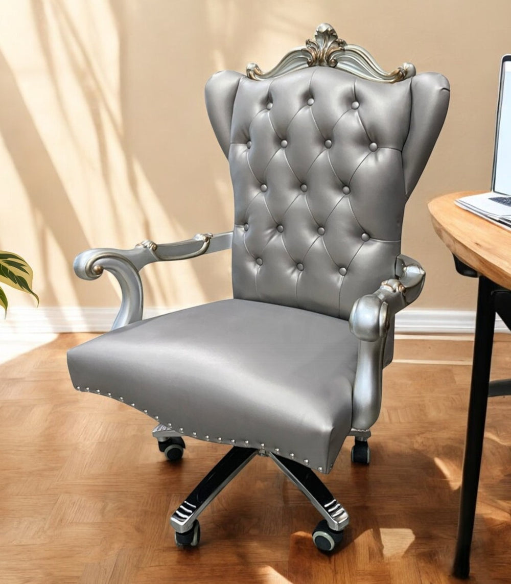 HomeRoots Gray Faux Leather Tufted Executive Chair - Adjustable Height, Swivel Mobility, Stylish Comfort 347524