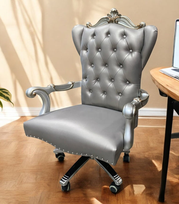 HomeRoots Gray Faux Leather Tufted Executive Chair - Adjustable Height, Swivel Mobility, Stylish Comfort 347524