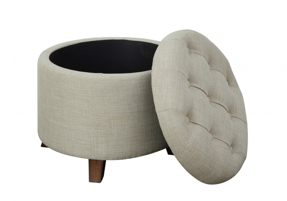 HomeRoots 20" Tan Linen Storage Ottoman - Stylish, Multi-functional Seat with Hidden Compartment for Small Spaces 347531