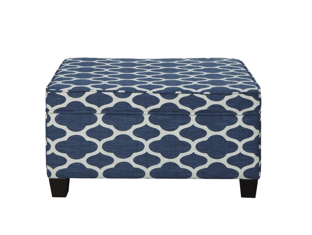 HomeRoots 26" Stylish Blue and White Geometric Upholstered Bench with Flip-Top Storage for Entryway Use 347533