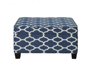 Homeroots 26" Blue And White And Black Upholstered Linen Blend Geometric Bench With Flip Top  Solid Wood 347533
