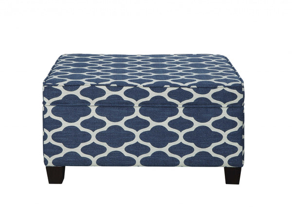 Homeroots 26" Blue And White And Black Upholstered Linen Blend Geometric Bench With Flip Top  Solid Wood 347533