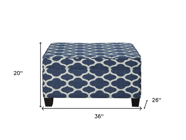 Homeroots 26" Blue And White And Black Upholstered Linen Blend Geometric Bench With Flip Top  Solid Wood 347533