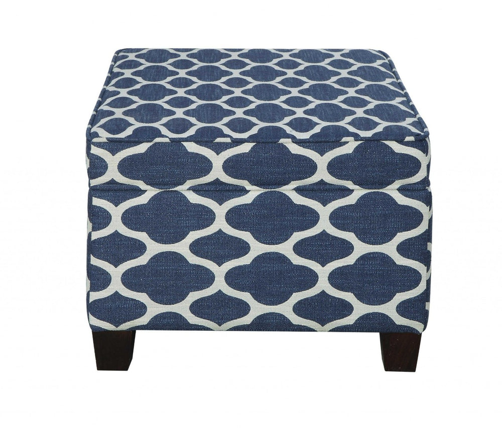 HomeRoots 26" Stylish Blue and White Geometric Upholstered Bench with Flip-Top Storage for Entryway Use 347533
