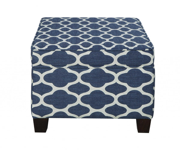 Homeroots 26" Blue And White And Black Upholstered Linen Blend Geometric Bench With Flip Top  Solid Wood 347533