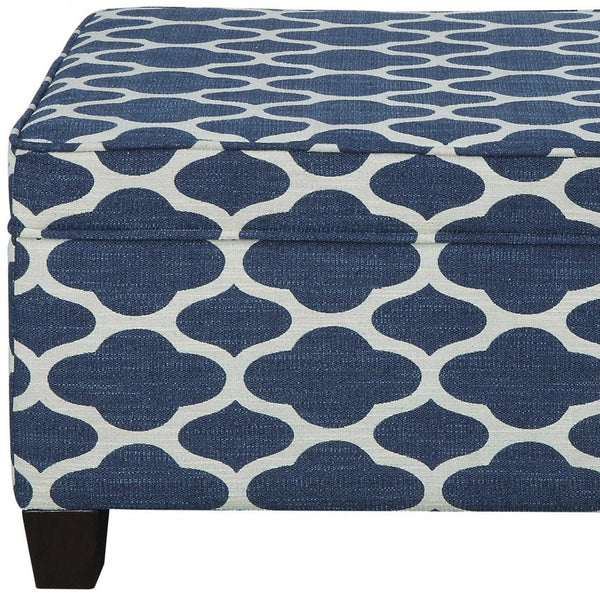 Homeroots 26" Blue And White And Black Upholstered Linen Blend Geometric Bench With Flip Top  Solid Wood 347533