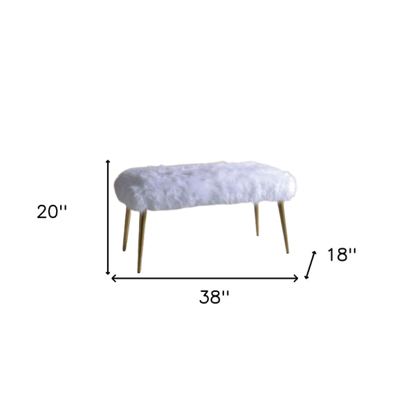 Homeroots 18" White And Gold Upholstered Faux Fur Bench  Metal 347539