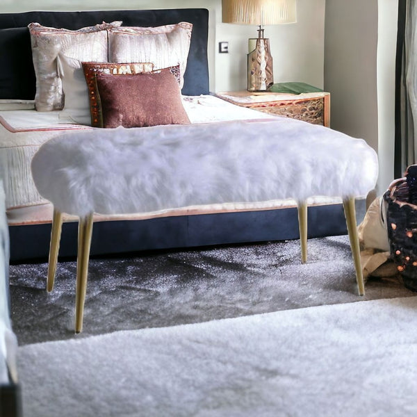 Homeroots 18" White And Gold Upholstered Faux Fur Bench  Metal 347539