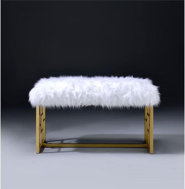 Homeroots 18" White And Gold Upholstered Faux Fur Bench  Metal 347540