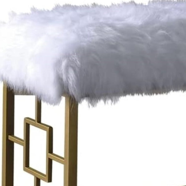 Homeroots 18" White And Gold Upholstered Faux Fur Bench  Metal 347540