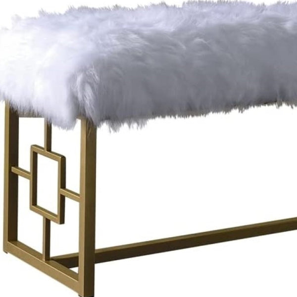 Homeroots 18" White And Gold Upholstered Faux Fur Bench  Metal 347540