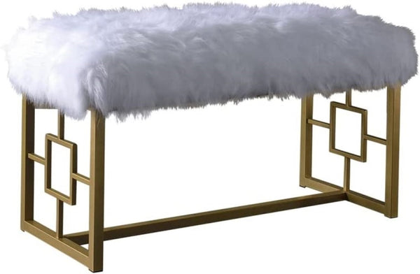 Homeroots 18" White And Gold Upholstered Faux Fur Bench  Metal 347540