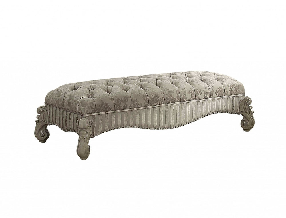 HomeRoots 28" Ivory Upholstered Bench with Bone White Finish, Button-Tufted Seat & Decorative Nailhead Trim 347541