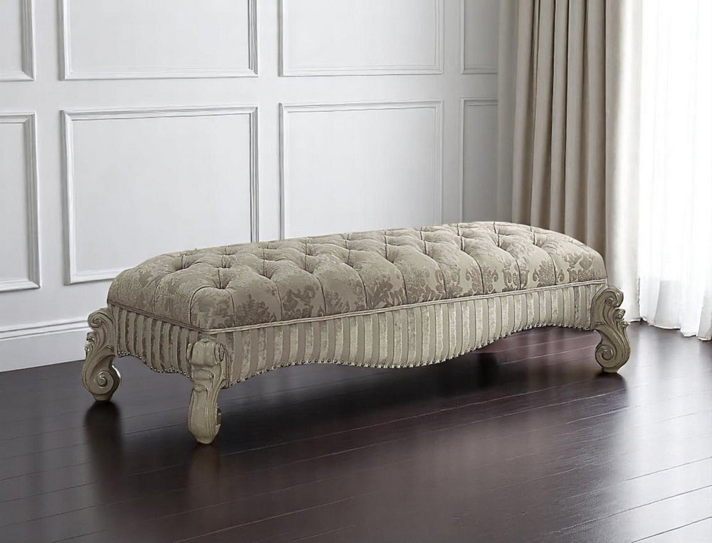 HomeRoots 28" Ivory Upholstered Bench with Bone White Finish, Button-Tufted Seat & Decorative Nailhead Trim 347541
