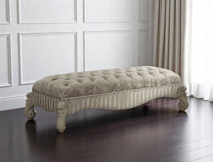 HomeRoots 28" Ivory Upholstered Bench with Bone White Finish, Button-Tufted Seat & Decorative Nailhead Trim 347541
