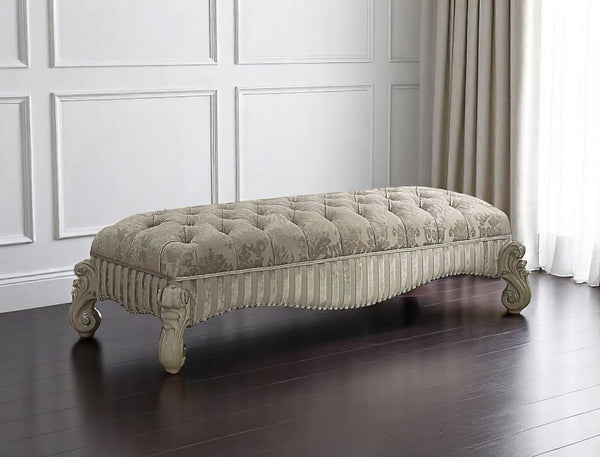 HomeRoots 28" Ivory Upholstered Bench with Bone White Finish, Button-Tufted Seat & Decorative Nailhead Trim 347541
