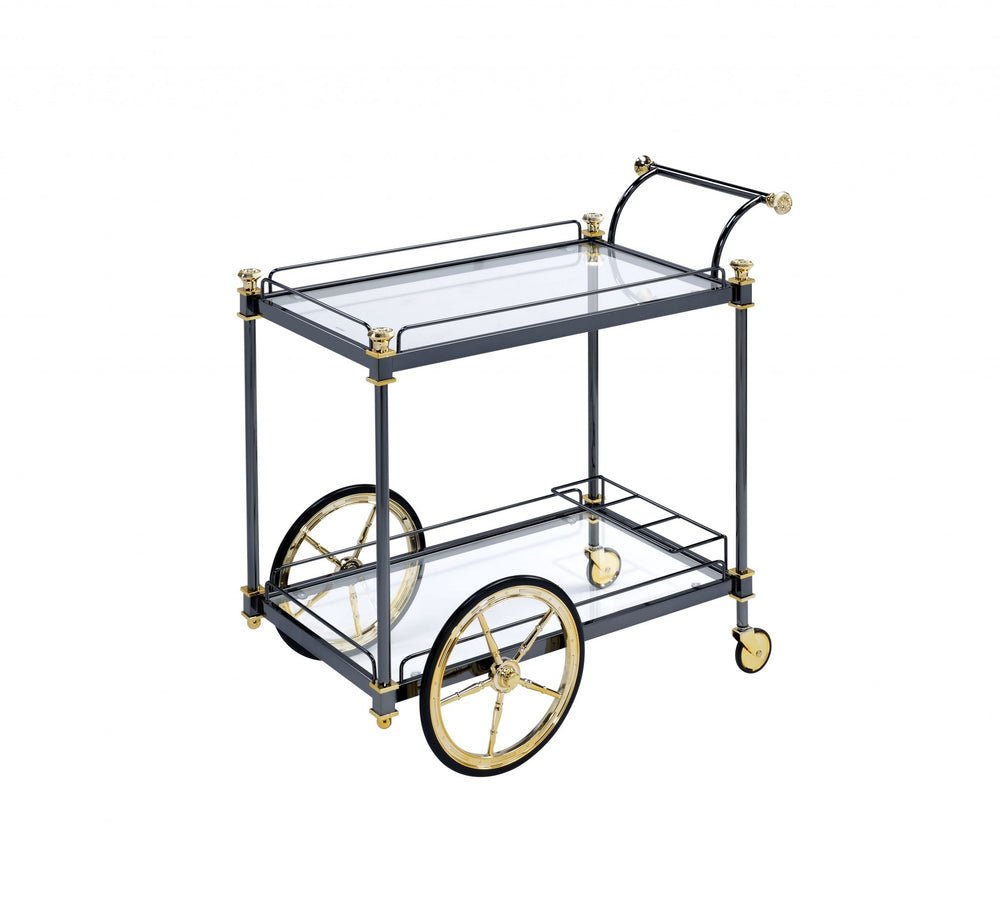 Homeroots Black And Gold Iron And Glass Rolling Bar Cart With Wine Storage Black Gold  347563