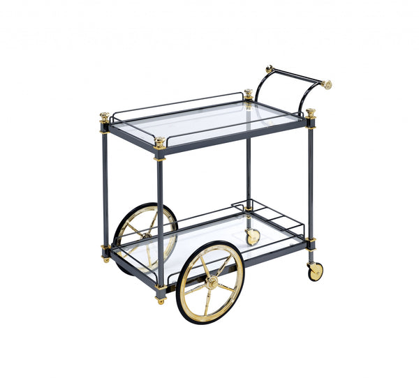 Homeroots Black And Gold Iron And Glass Rolling Bar Cart With Wine Storage Black Gold  347563