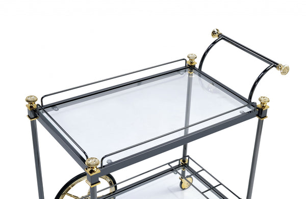 Homeroots Black And Gold Iron And Glass Rolling Bar Cart With Wine Storage Black Gold  347563