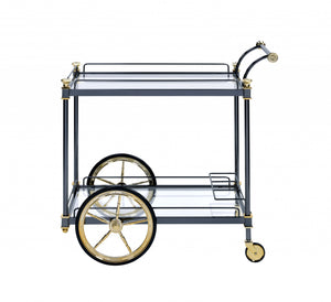 Homeroots Black And Gold Iron And Glass Rolling Bar Cart With Wine Storage Black Gold  347563