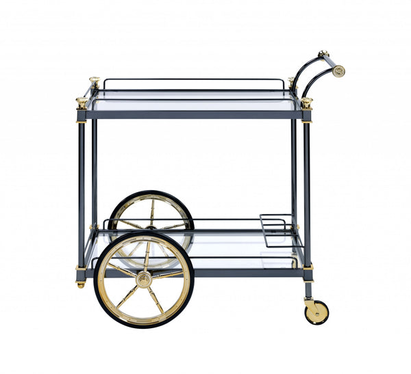 Homeroots Black And Gold Iron And Glass Rolling Bar Cart With Wine Storage Black Gold  347563