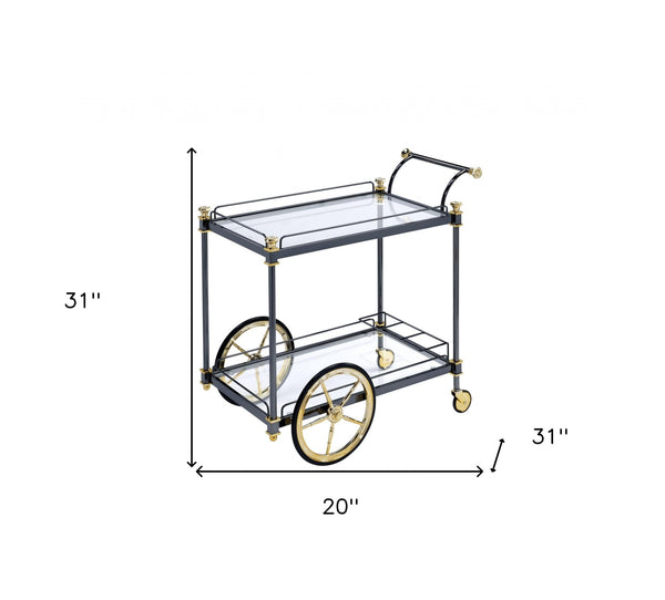 Homeroots Black And Gold Iron And Glass Rolling Bar Cart With Wine Storage Black Gold  347563