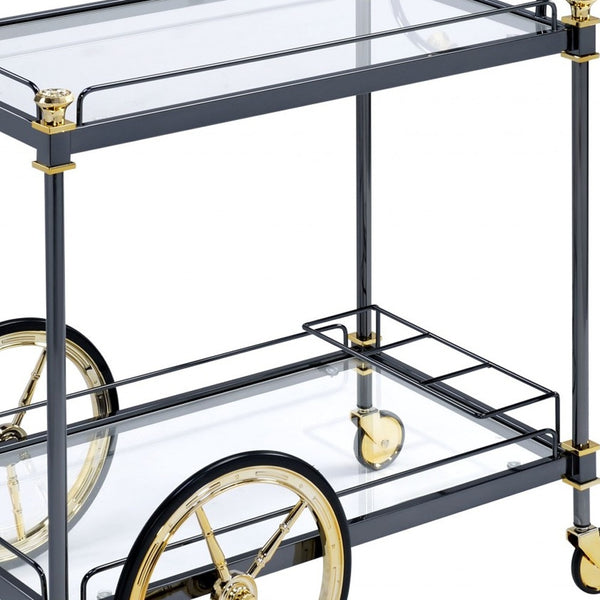 Homeroots Black And Gold Iron And Glass Rolling Bar Cart With Wine Storage Black Gold  347563