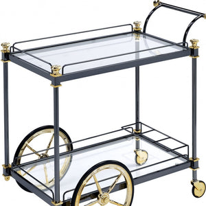 Homeroots Black And Gold Iron And Glass Rolling Bar Cart With Wine Storage Black Gold  347563