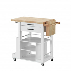 HomeRoots White Rolling Kitchen Cart - 35" Multi-Functional Storage Solution with Natural Wood Top & Wheels 347567