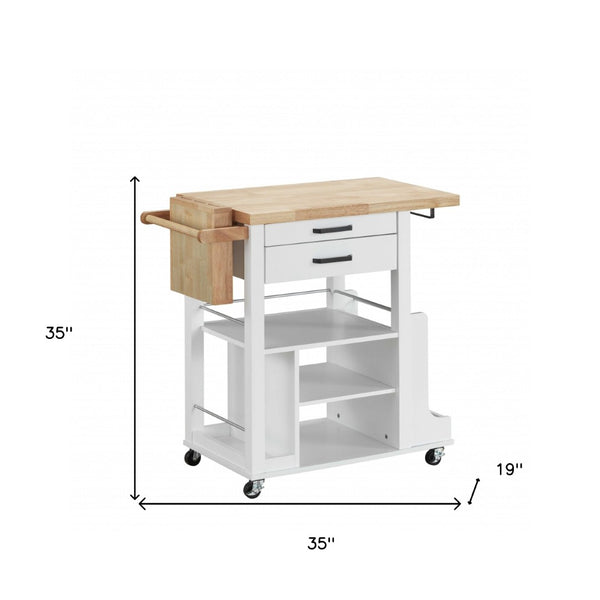 HomeRoots White Rolling Kitchen Cart - 35" Multi-Functional Storage Solution with Natural Wood Top & Wheels 347567