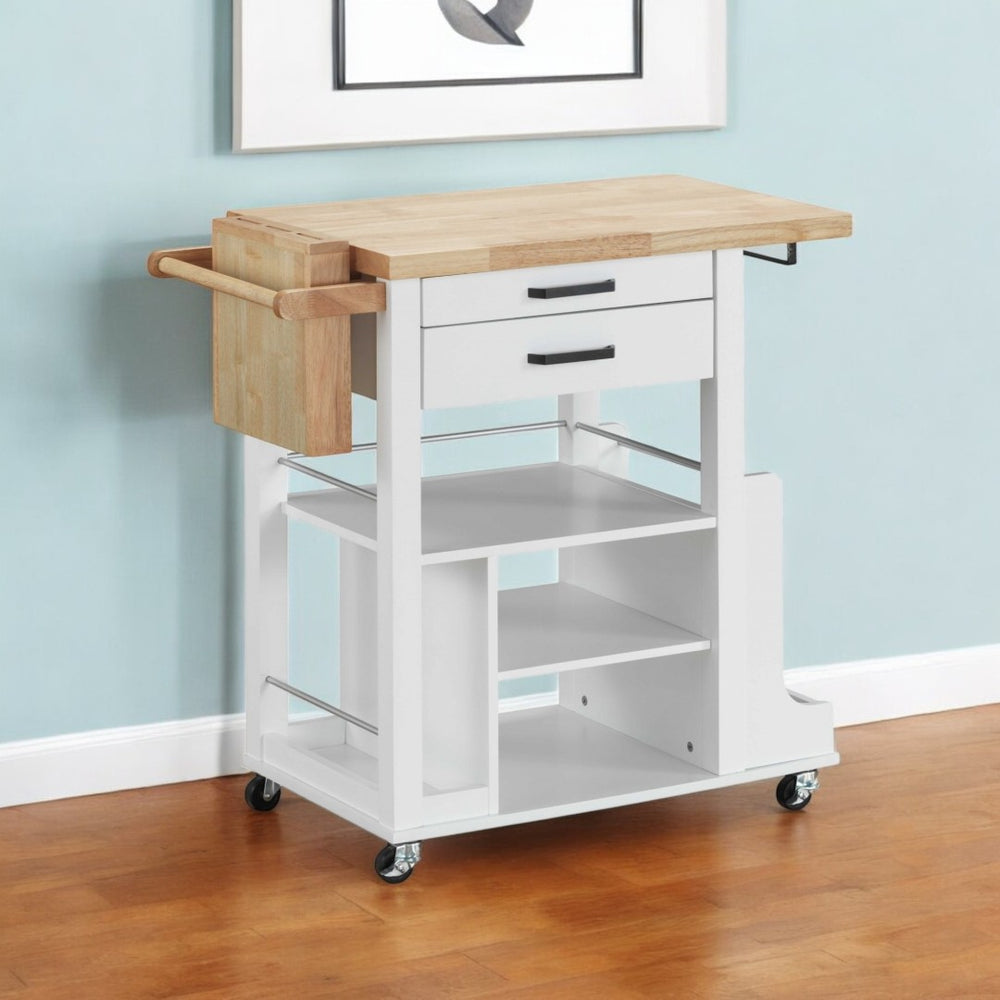HomeRoots White Rolling Kitchen Cart - 35" Multi-Functional Storage Solution with Natural Wood Top & Wheels 347567