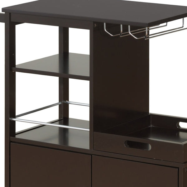 HomeRoots Dark Brown 34" Rolling Kitchen Cart with Storage, Wine Rack & Vintage Charm for Every Kitchen Space 347569