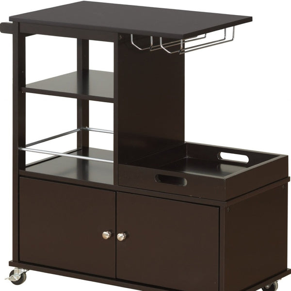 HomeRoots Dark Brown 34" Rolling Kitchen Cart with Storage, Wine Rack & Vintage Charm for Every Kitchen Space 347569