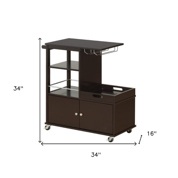 HomeRoots Dark Brown 34" Rolling Kitchen Cart with Storage, Wine Rack & Vintage Charm for Every Kitchen Space 347569
