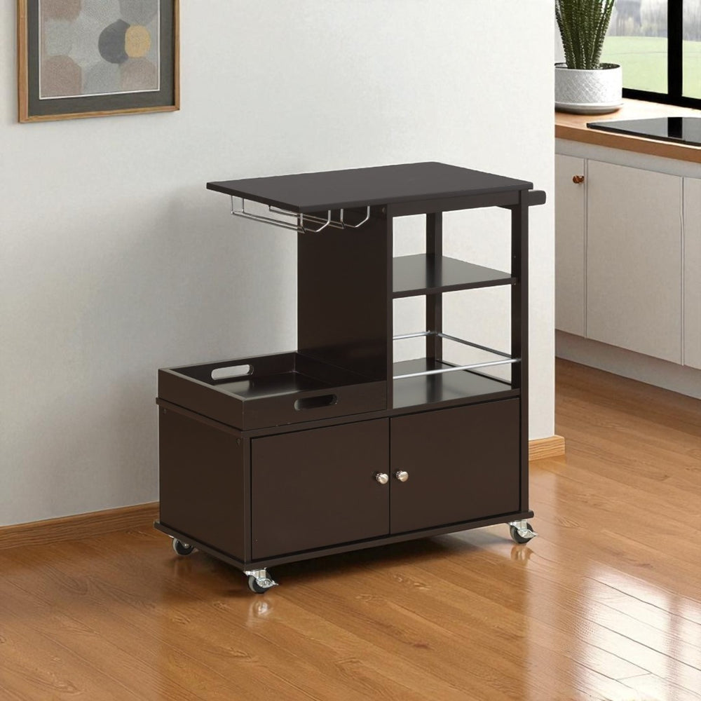 HomeRoots Dark Brown 34" Rolling Kitchen Cart with Storage, Wine Rack & Vintage Charm for Every Kitchen Space 347569